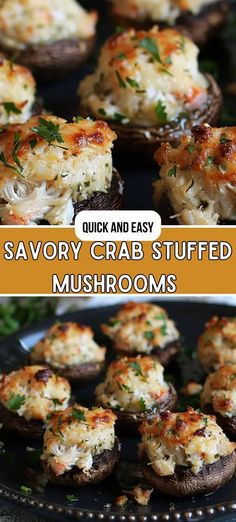 an image of savory crab stuffed mushrooms on a plate with text overlay