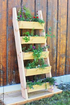 a wooden ladder planter with plants growing on it and the words $ 20 diy cedar ladder planter