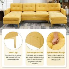 a yellow sectional sofa with footstools and pillows on the bottom right hand corner