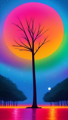 a painting of a tree in front of a colorful sky with the moon and stars