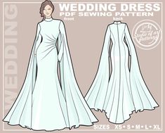 the front and back view of a wedding dress with long sleeves, as well as an open