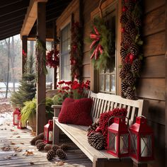 a wooden bench sitting on top of a porch covered in christmas decorations