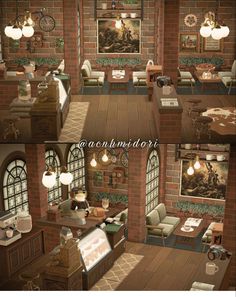 this is an image of a living room and dining area in a house with brick walls