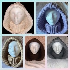 four different types of knitted hats on mannequin heads