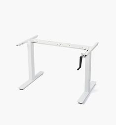 a white standing desk with two legs and a black handle on the top, against a white background