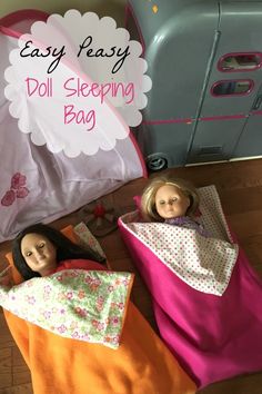 two doll sleeping bags on the floor next to a sewing machine and an easy peasy doll