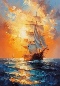 an oil painting of a sailboat sailing in the ocean at sunset with clouds and sun behind it