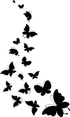 black and white silhouettes of butterflies flying in the air with one wing extended up