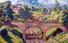 a painting of a train going over a bridge with trees and buildings in the background