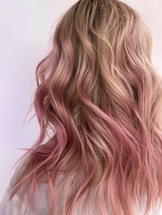 How To Do Pink Highlights In Blonde Hair, Streaked Colored Hair, Pink Balayage On Blonde Hair, Pink Blonde Hair Highlights, Blonde Hair Pink Balayage, Blonde Balayage Pink Highlights, Strawberry Blonde Pink Highlights, Strawberry Blonde Hair With Pink Streaks, Dark Blonde With Pink Highlights