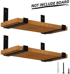 two wooden shelfs with black brackets and screws on them, one is not included