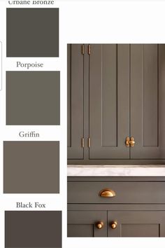 the color scheme for this kitchen is gray and has gold handles, drawers, and cupboards