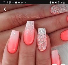 Coral Ombre Nails, Pink Gel Nails Designs, Merlin Nails, Coral Nail Art, Pink Gel Nails, Coral Nails, Ombre Nails Glitter, Wedding Nail