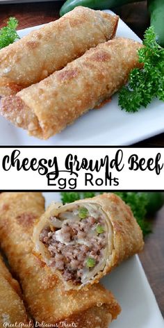 egg rolls on a plate with parsley and broccoli in the background text reads cheesy ground beef egg rolls