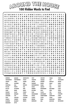 the word search page for around the house, with words to find and print out