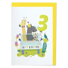 a birthday card with the number three in front of an image of giraffes and other animals