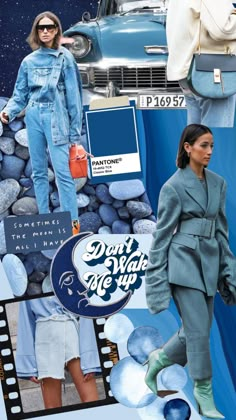 the collage shows two women in denim outfits