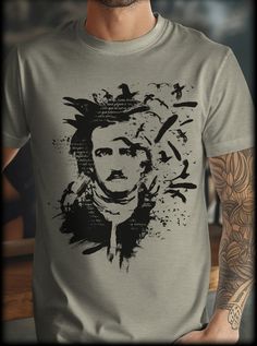 Edgar Allan Poe T-shirt.... The perfect tee for lovers of literature or for those with a flare for gothic and dark academia aesthetics. This t-shirt features a silhouette style image of Edgar Allan Poe surrounded by Ravens .... A must have for Poe fans!! Available in multiple colors. Dark Academia Aesthetics, Academia Aesthetics, Fall Graphic, The Raven, Festival Tops