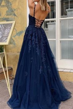 Blue Tulle Prom Dress, Navy Blue Prom Dress, Navy Blue Prom Dresses, A Line Evening Dress, Prom Dress Inspo, Spaghetti Strap Prom Dress, Prom 2023, Dress Spaghetti Straps, Tulle Evening Dress