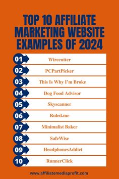 an orange and blue poster with the words top 10 affiliate marketing website examples of 2012