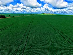 an aerial view of a large green field with clouds in the sky and trees on the other side