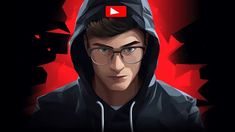 a man wearing glasses and a hoodie with the youtube logo above his head in front of a red background