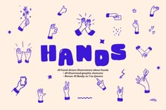 the words hands are written in blue ink on a pink background with hand drawn images