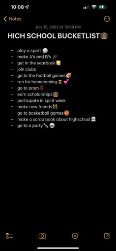 an iphone screen with the text high school bucket list on it, and several different emoticions