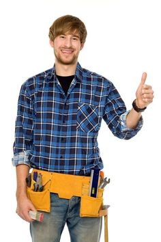 a man holding a tool belt and giving the thumbs up sign with his right hand