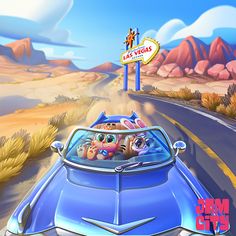 a cartoon car driving down the road with some animals in it's passenger seat