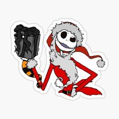 a cartoon santa clause holding a black bag