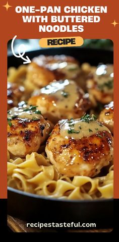 chicken with buttered noodles in a skillet