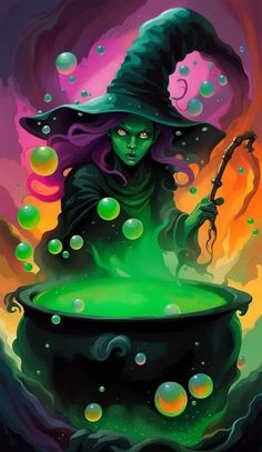 a painting of a witch in a caulder filled with bubbles