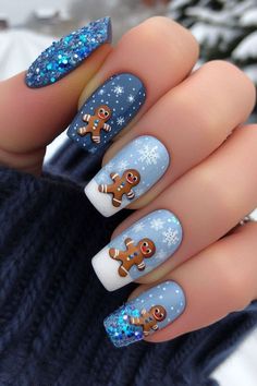 Short Nails Ideas For Christmas, Blue Christmas Nail Ideas, Nails Ideas For Christmas, Gingerbread Nails, Short Christmas Nails, Sparkly Nail Designs, Penguin Nails, Blue Christmas Nails, Christmas Nail Ideas