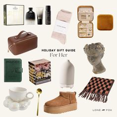 the holiday gift guide for her includes gifts, toiletries and other personal care items