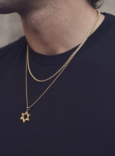 "Gold Star of David Necklace Set for Men - Two chains, can be worn separately, and one pendant. Gold Layering Necklaces, Gifts for Men. Note the star pendant does not slide off the roundbox chain. You can wear the rope chain by itself, the round box chain with the pendant by itself or both chains and pendant together as a set. The Star of David, or \"Shield of David\" in Hebrew, is composed of two overlaid equilateral triangles forming a six-pointed star. The Star of David was initially used as Gold Layering Necklaces, Boys Necklace, Star Of David Necklace, The Star Of David, Spiritual Words, Layering Necklaces, Round Box, Moon Knight, Gold Necklace Layered