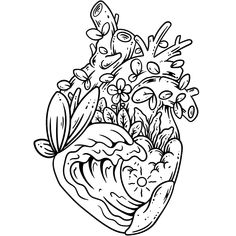 a black and white drawing of a heart with flowers