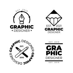 four different logos for graphic designers, including one with an arrow and the other with a pencil