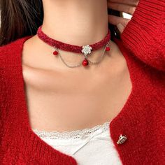 Length: 31-40cm Trendy Flower Necklaces For Party, Trendy Flower Shape Necklaces For Party, Trendy Flower Necklace For Party, Red Clavicle Chain Necklace For Party, Party Clavicle Chain Choker, Adjustable Clavicle Chain Choker, Elegant Clavicle Chain Flower Choker Necklace, Red Adjustable Flower Necklace, Red Choker Necklace For Gift