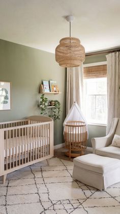 A tranquil green nursery with sage walls, natural wood furniture, and cozy decor for a peaceful and inviting feel. Green Nursery Ideas, Serene Nursery, Sage Green Nursery, Calm Space, Nursery Designs, Sage Green Walls, Green Nursery, Green Palette, Green Walls