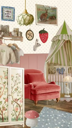 a baby's room with pink furniture and pictures on the wall, including a red chair