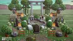 an animated image of a park with trees and rocks