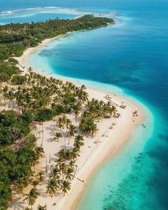 an aerial view of a beach with palm trees and blue water in the background, surrounded by white sand