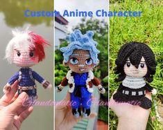 crocheted amigurma dolls are shown in three different pictures, one with red hair and the other with blue eyes