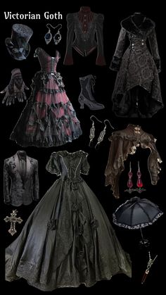 Gothic Historical Clothing, Formal Gothic Dresses, Victorian Gothic Fashion Women, Victorian Gothic Aesthetic Outfit, Old Gothic Fashion, Romantic Gothic Outfits, Goth Victorian Outfits, Goth Outfit Board, Dark Victorian Aesthetic Outfit