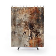 a shower curtain with an abstract painting on it