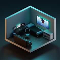 a room with a bed, desk and television on the wall is shown in this low poly rendering