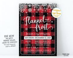 a red and black plaid christmas party poster with snowflakes on the bottom, in front of a white wall