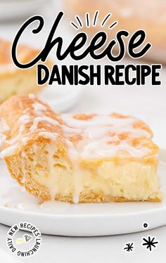 a close up of a piece of cheese danish pie on a plate with the title