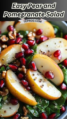 pear and pomegranate salad in a bowl with text overlay